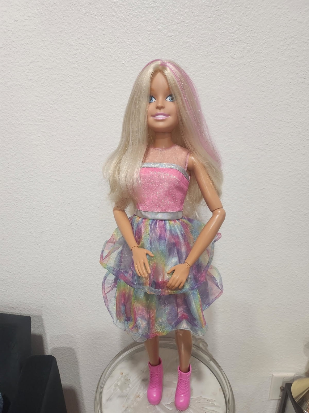 Pink Glitter Dress 28 Inch BARBIE  Fashion Doll with Rainbow dress.